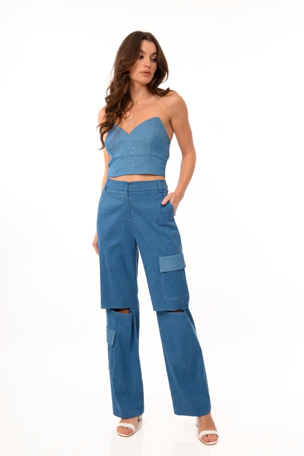 DENIM BUST WITH RHINESTONES